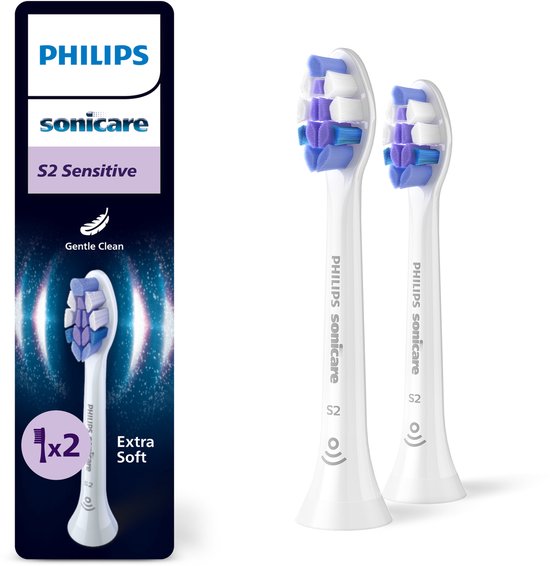 Philips Sonicare Optimal Sensitive S2 – Opzetborstels voor Elektrische Tandenborstel – Wit – Verpakking van 2 - Gevoelige tanden - HX6052/87