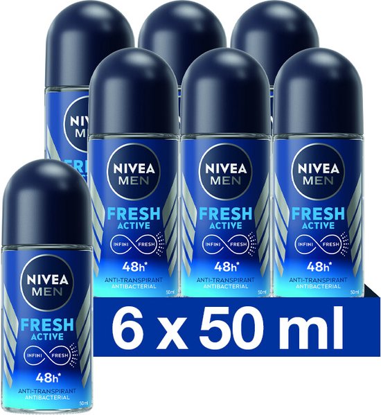 NIVEA MEN Fresh Active Anti-Perspirant Deo Roller - Protects 48 hours - 6 x 50 ml