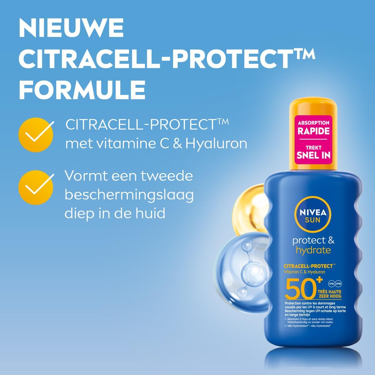 NIVEA SUN Protect & Hydrate Zonnebrand Spray - SPF 50 - Zonnespray - Beschermt en hydrateert - Met Vitamine E -Zonbescherming - 200 ml