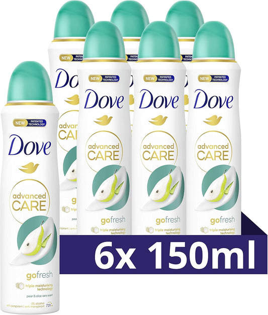 Déodorant anti-transpirant Dove Advanced Care Go Fresh Poire et Aloe Vera, offre jusqu'à 72 heures de protection contre la transpiration - 6 x 150 ml - Pack économique