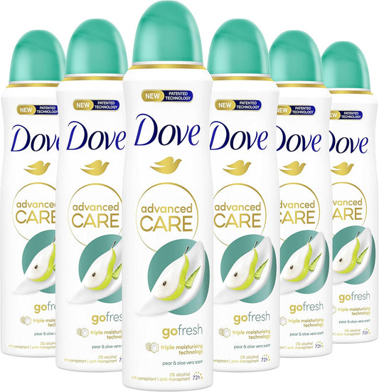 Déodorant anti-transpirant Dove Advanced Care Go Fresh Poire et Aloe Vera, offre jusqu'à 72 heures de protection contre la transpiration - 6 x 150 ml - Pack économique