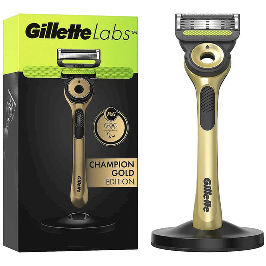Système de rasage exfoliant GilletteLabs Champion Gold - 1 manche + 5 lames + 1 support mural + 1 étui 