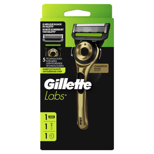 Système de rasage exfoliant GilletteLabs Champion Gold - 1 manche + 5 lames + 1 support mural + 1 étui 