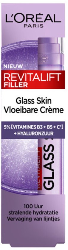 L'Oréal Paris Revitalift Filler Glass Skin Vloeibare Crème - 100 uur stralende hydratatie - met Hyaluronzuur & Vitamine Cg & B3 - 50ml