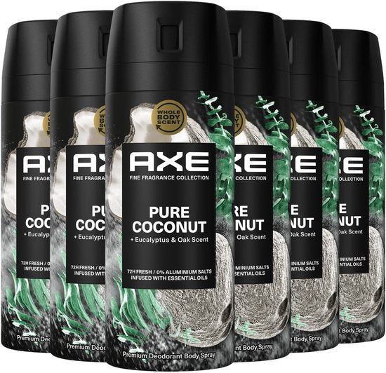 AXE Fine Fragrance Collection Premium Deodorant Bodyspray - Pure Coconut - met de geur van kokos, eucalyptus en eikenhout - 6 x 150 ml