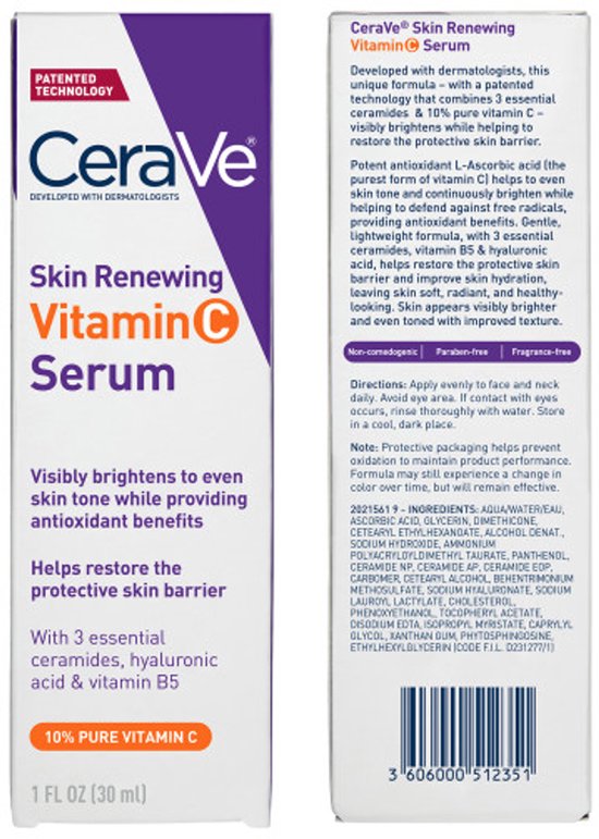 CeraVe Skin Renewing Vitamine C Serum - Geschikt voor een gevoelige huid - Met 10% Pure Vitamine C en Ceramiden - 30ml