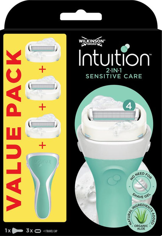Wilkinson Sword Intuition 2-in-1 Sensitive Care - Razor - Value Pack - Refill Blades 3 Pieces - with Holder 