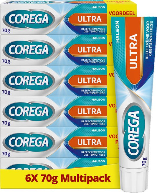 Corega Ultra Kleefcrème voor de gebitsprothese voor sterke hechting de hele dag lang, 6 x 70 g