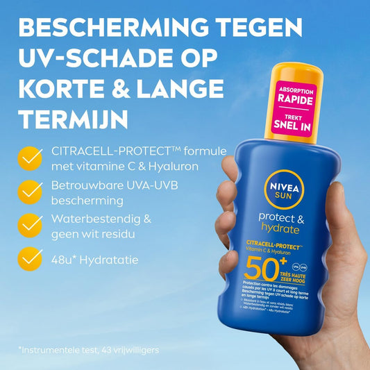 NIVEA SUN Protect & Hydrate Zonnebrand Spray - SPF 50 - Zonnespray - Beschermt en hydrateert - Met Vitamine E -Zonbescherming - 200 ml