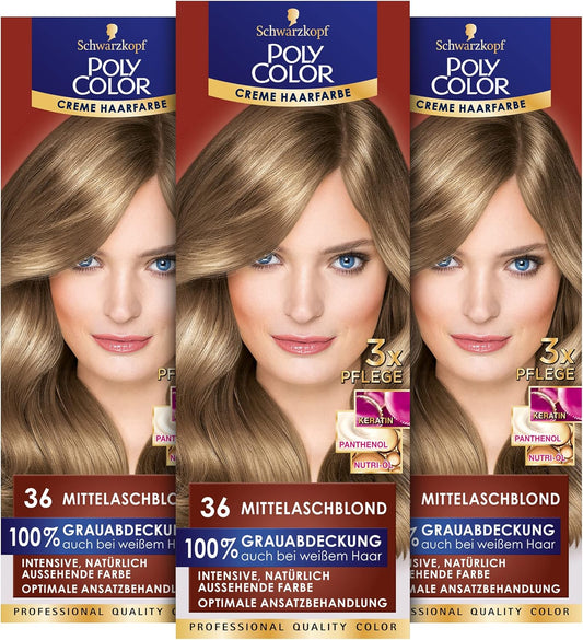 Crème colorante Poly Color 36 Blond cendré moyen, couverture 100 % des cheveux gris - 3 pièces