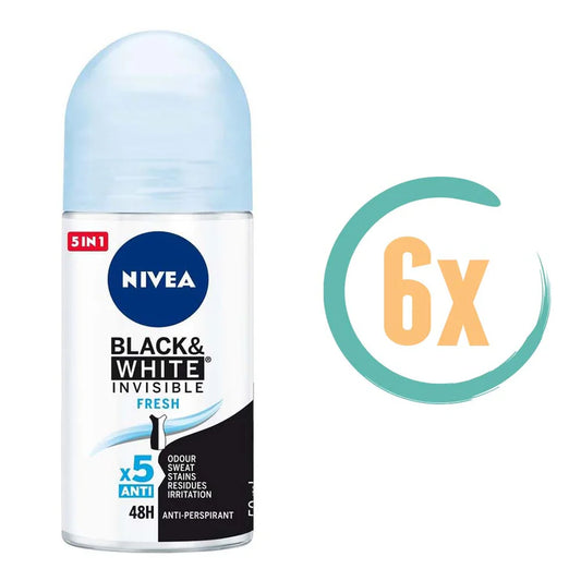 Nivea Black & White Invisible Fresh Deo Roller - 6 x 50 ml