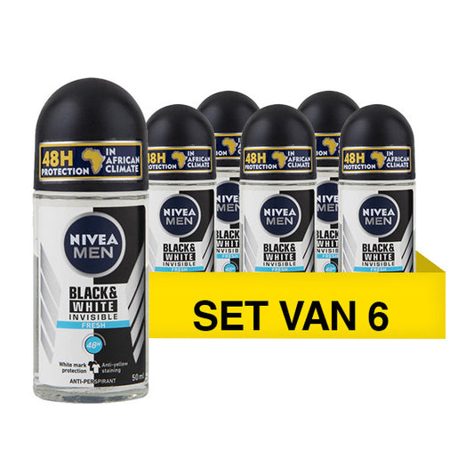 6x Nivea roll-on deodorant Invisible Black &amp; White Fresh (50 ml)