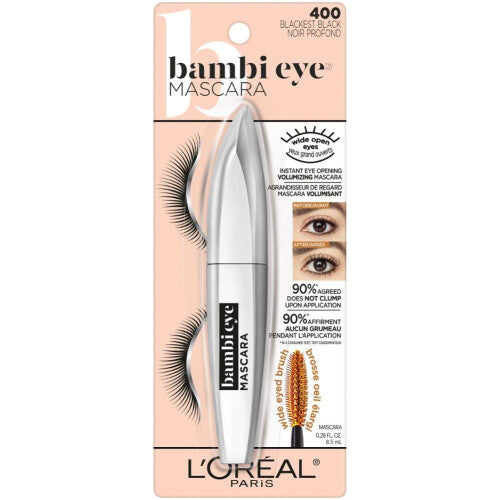 L'Oreal Paris Makeup Bambi Eye Mascara Blijvende volume, lengte en lift, definitie van de ogen, geen klontering, afwasbaar, zwartste zwart 0,21 fl oz